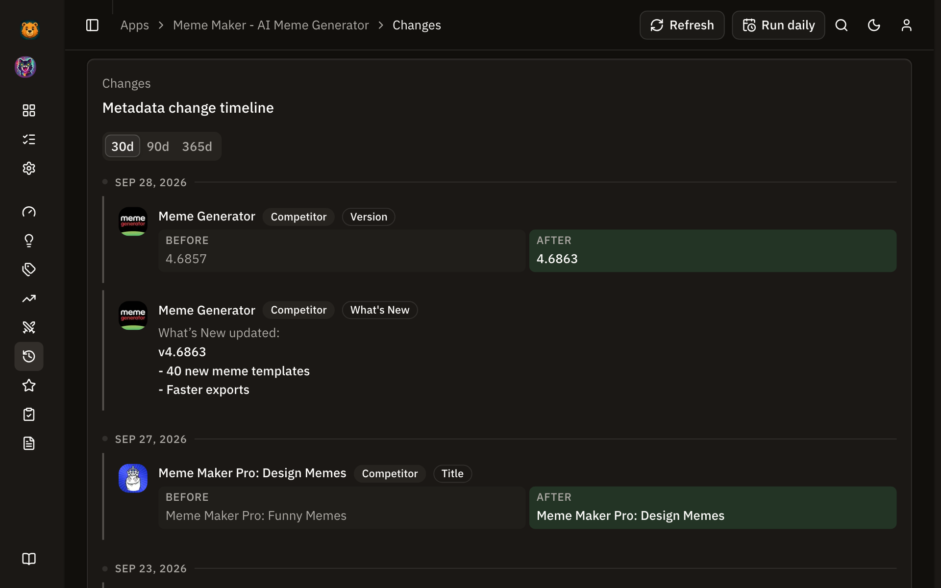 Change timeline showing a competitor's version bump and What's New text, and a rival's title change with before and after
