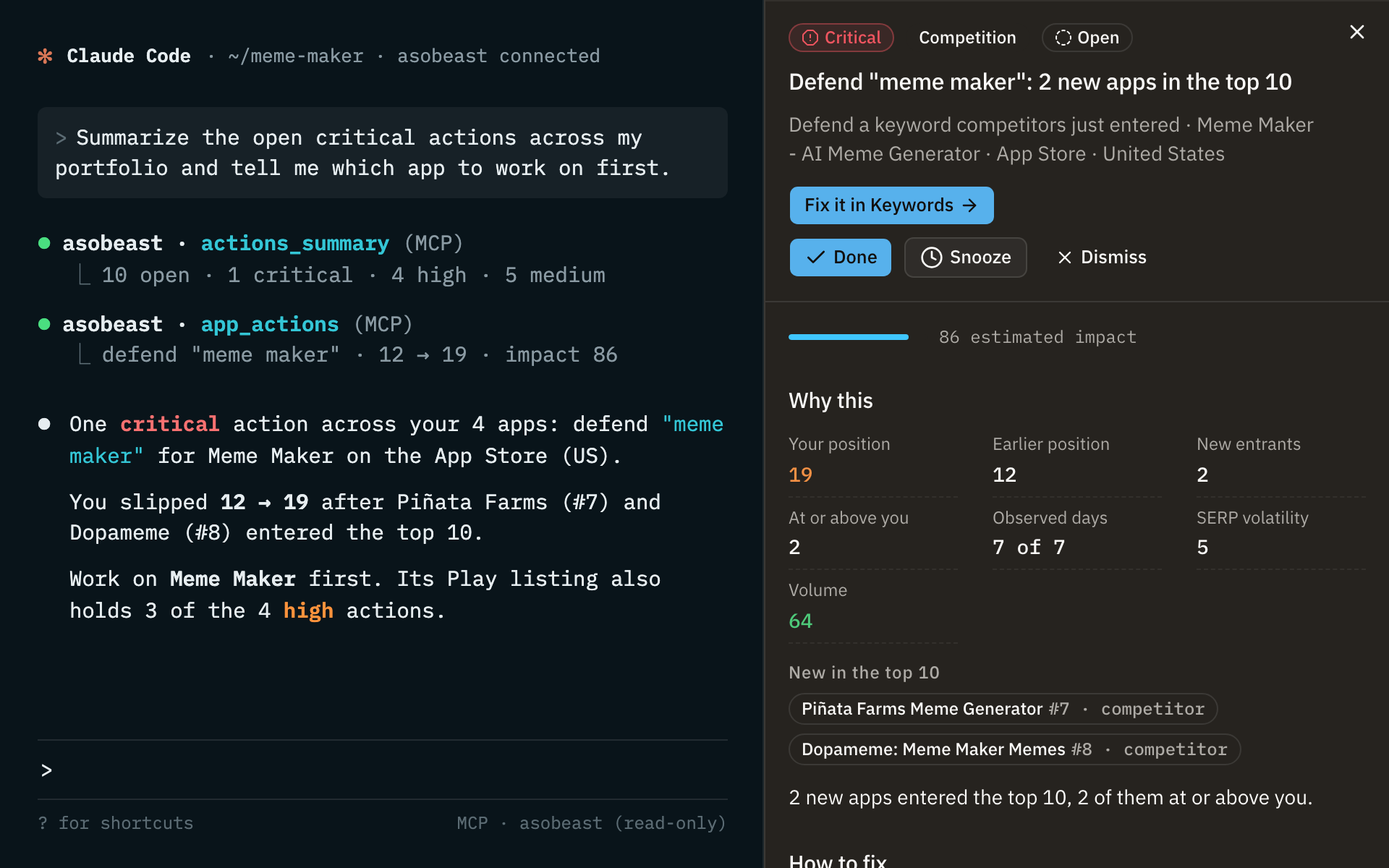 Claude Code answering an ASO question by calling AsoBeast MCP tools, with the AsoBeast app open beside it